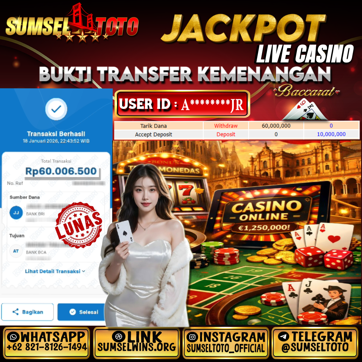 SUMSELTOTO JACKPOT BACCARAT Rp.60,000,000.,- LUNAS